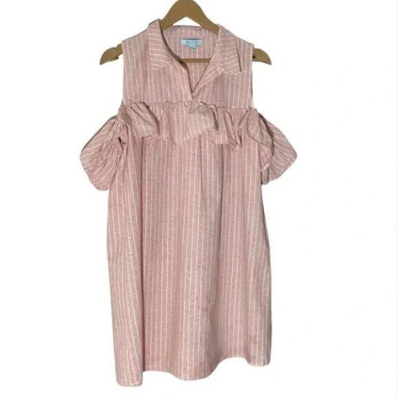 She + Sky pink and white stripe ruffle cold shoulder shirt midi dress Size L - Picture 1 of 4